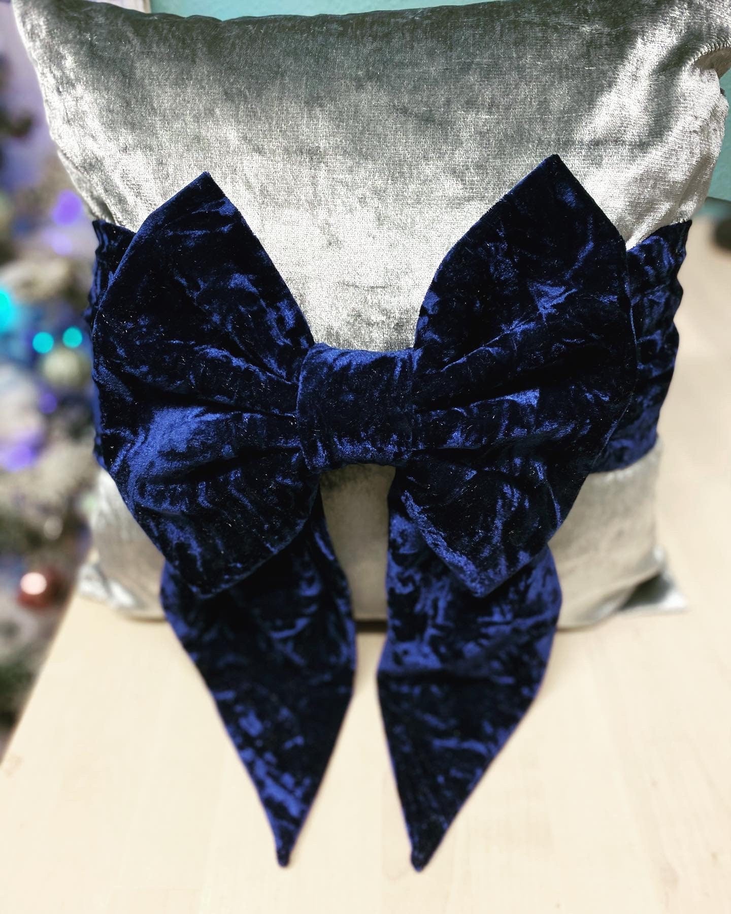 Silver and Navy Bow Cushion